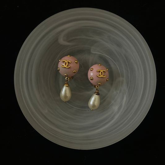 C Pink Stud Pearl Drop Earrings